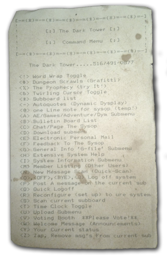 Dark Tower BBS Menu from around 1983 Dark Tower BBS Menu from around 1983
