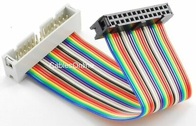 a picture of a short, flat cable made of a rainbow of wires. There is a plug on one end and a socket on the other.