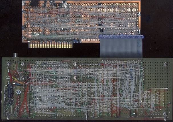 Maze of wire wrap wires on Uncle Bernie's Replica 2e prototype.