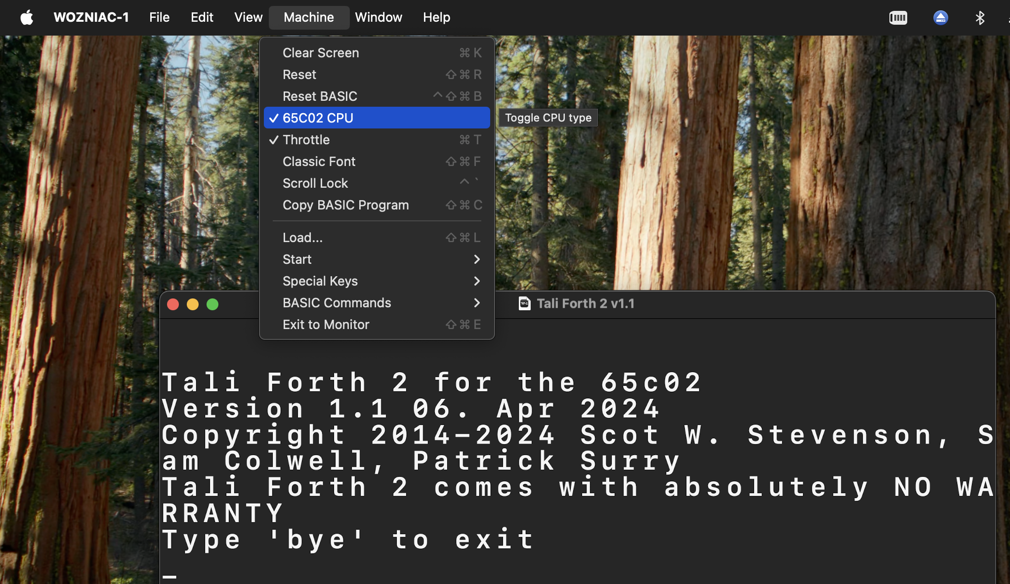 Screenshot of WOZNAIC-1 on macOS 15.1 beta with 65C02 option