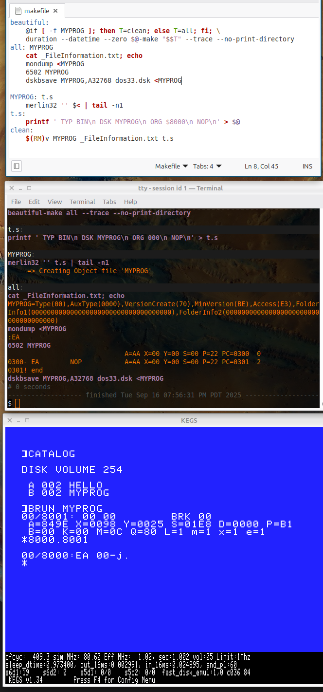 A screenshot of Xed makefile, Terminal running make, and KEGS Apple II emulator