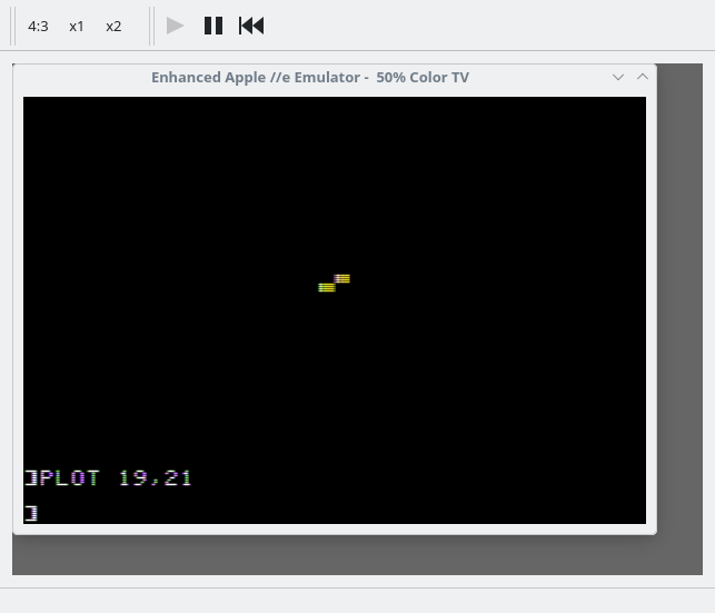 A screenshot of qapple, a Linux Qt6 port of AppleWin, showing that lo-res pixels can vary in shape.