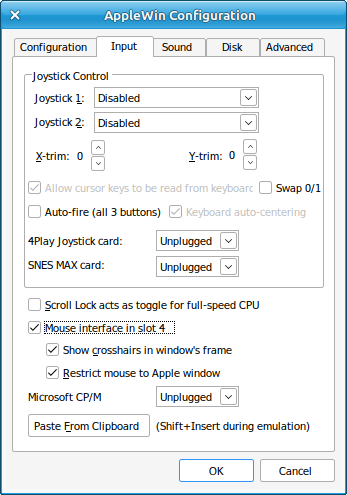 a screenshot of the "Input" tab of the AppleWin Configuration window.