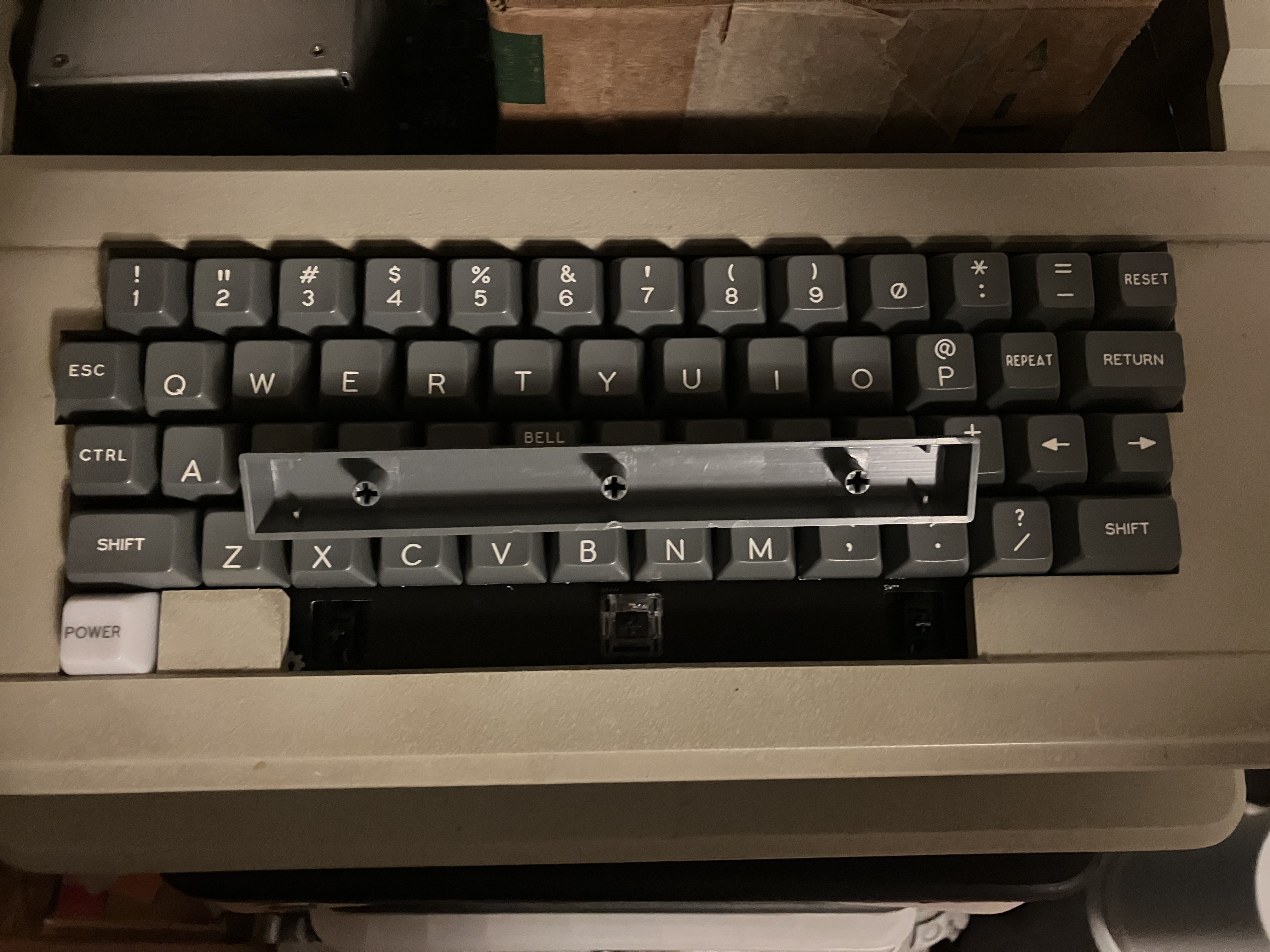 Unified Retro Keyboard with keycaps, Apple ][+ layout, mounted in Apple ][+ case.