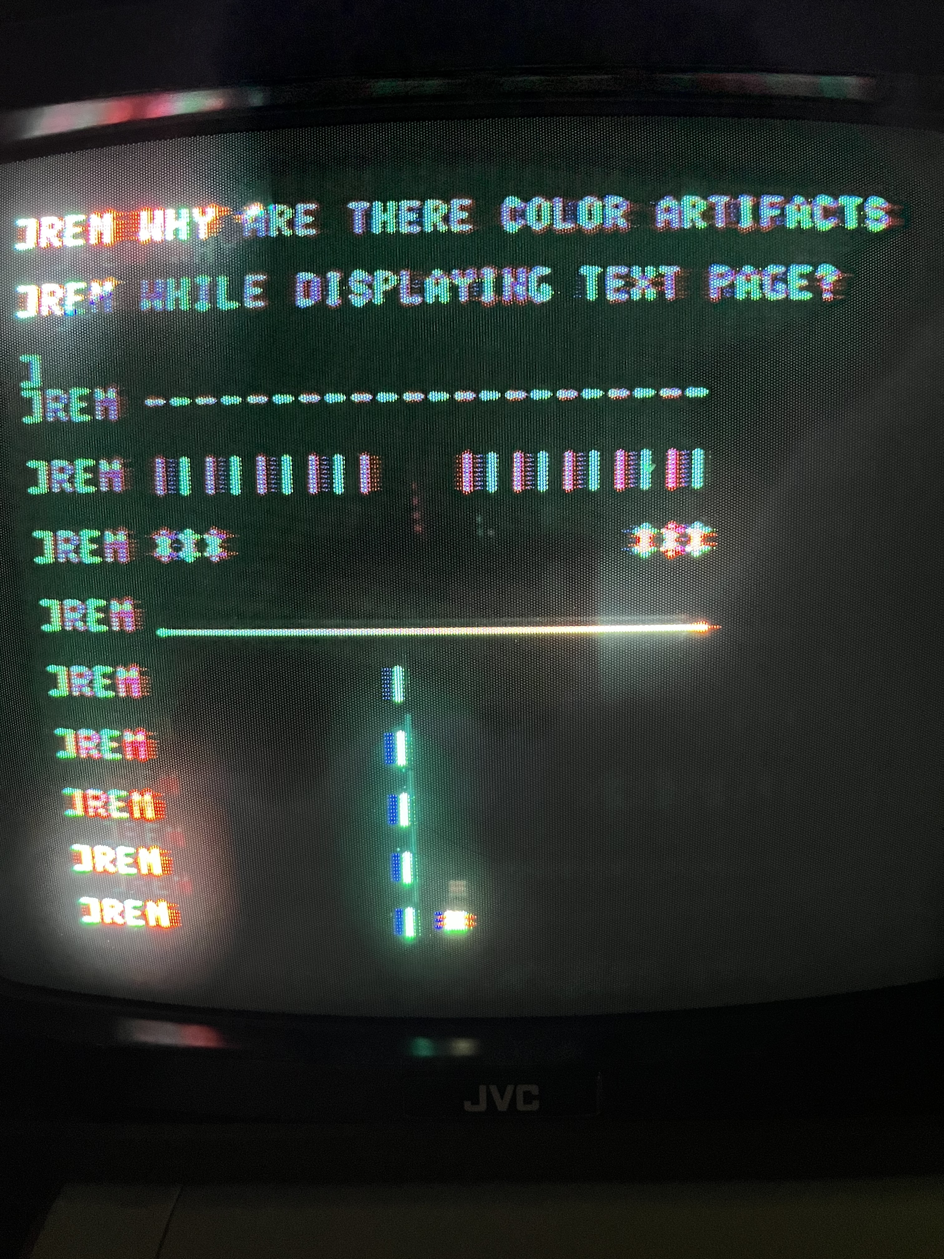 screenshot of Apple II text screen on failing JVC TV model 7860