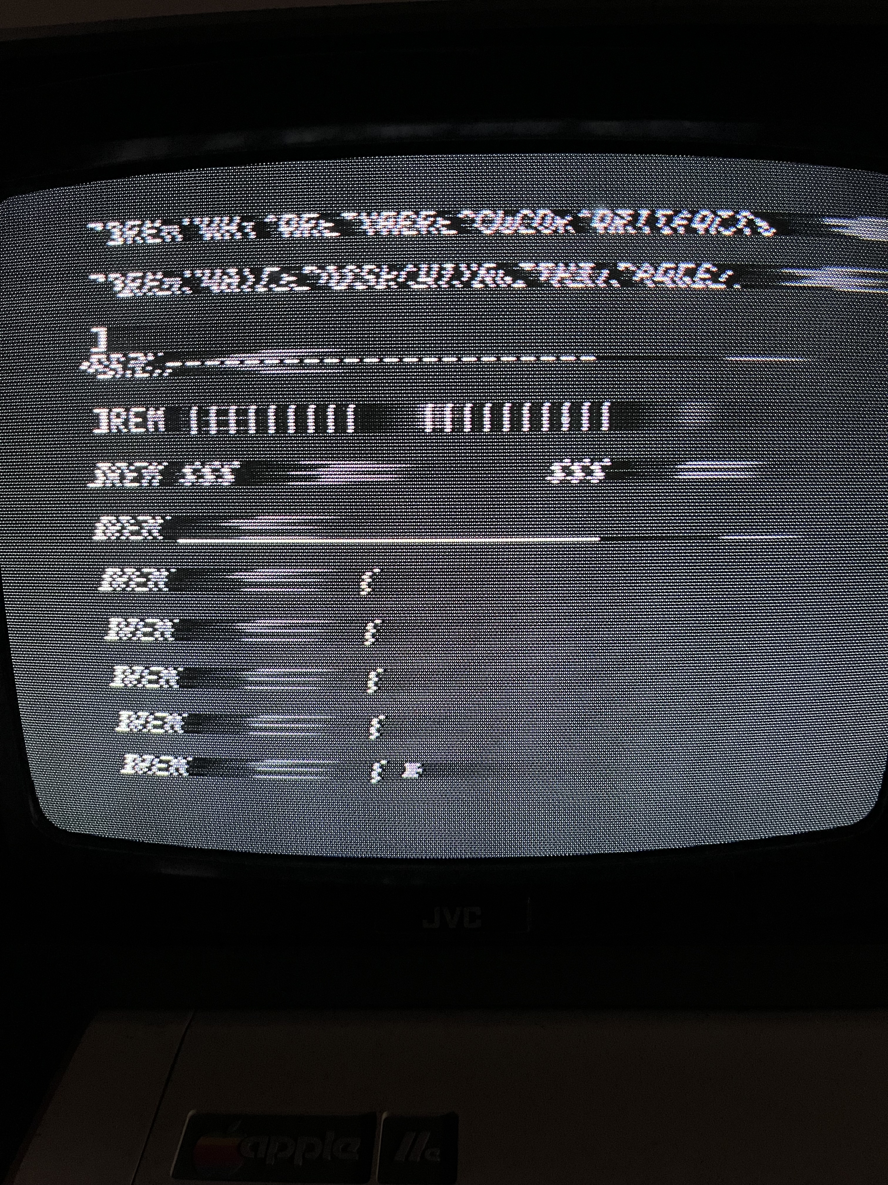 screenshot of Apple II text screen on failing JVC TV model 7860